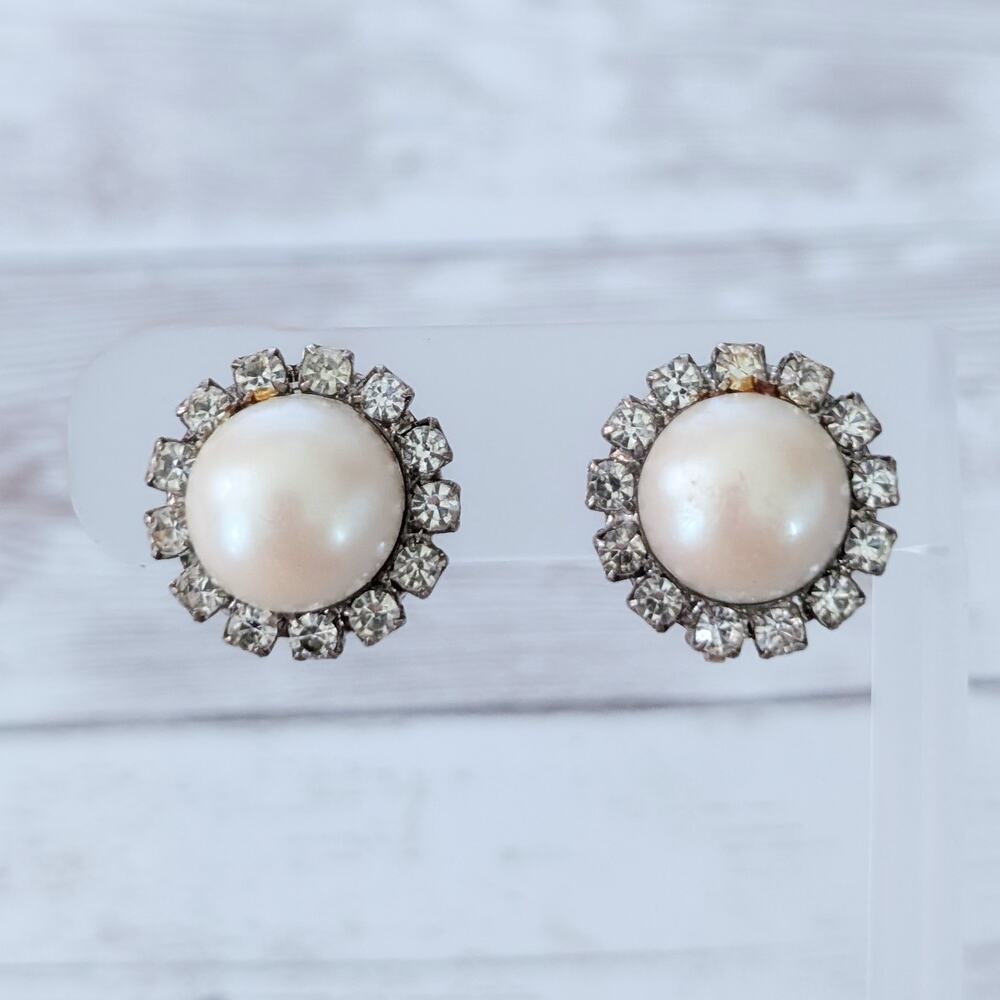 Vintage Clip On Earrings Faux Pearl with Clear Gem Halo - Fair Condition